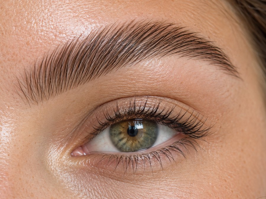 Laminated and tinted brows brushed up and set in place