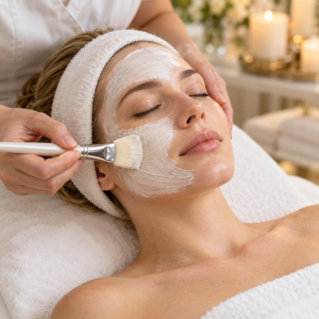 Esthetician applying a hydrating mask during a facial at Mare Lash and Spa