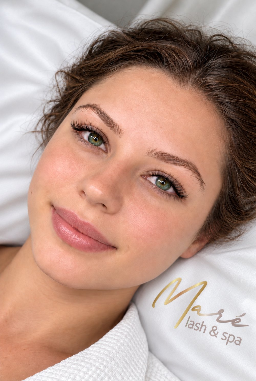 Client with natural eyelash extensions and groomed brows at Mare Lash and Spa