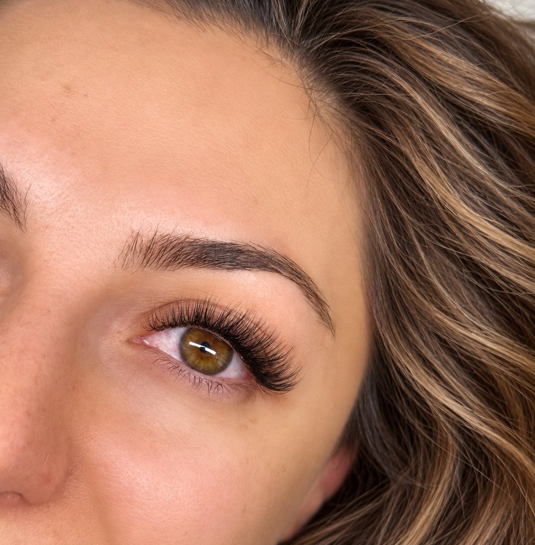 Mega volume eyelash extensions on brown eyes